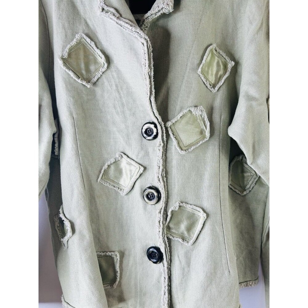 Vintage 90s Linen Patchwork Big Button Jacket Usa… - image 3
